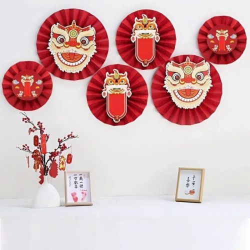 Set 6 quạt giấy đỏ đầu lân đính ngọc