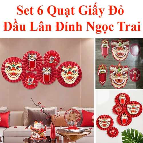 Set 6 quạt giấy đỏ đầu lân đính ngọc